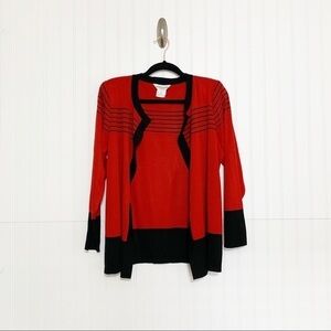 Misook Red Black Striped Open Front Cardigan